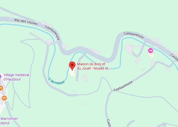 Maison du Bois et du Jouet à Hautpoul – Localisation sur carte Carte Google Maps de la Maison du Bois et du Jouet (Musée) près de L'Arnette, entre la Rte des Usines et Castaunouze, près d'Hautpoul.